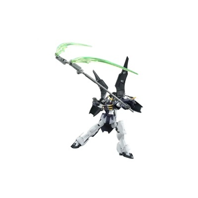 Boneco robô articulado com asas e arma longa em preto, branco e verde