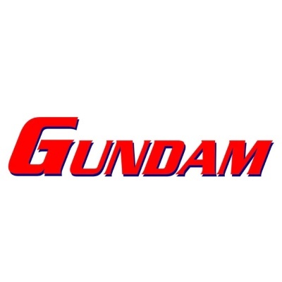 Logótipo GUNDAM em vermelho com contorno azul sobre fundo branco.