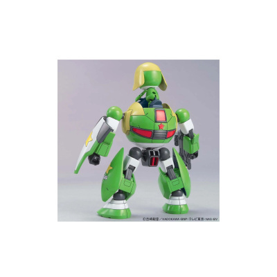 Figura robótica verde e amarela com capacete e detalhes vermelhos