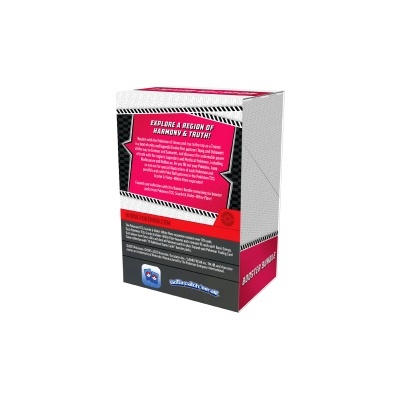 Caixa de jogo de cartas vermelho, preto e branco com texto e código QR na traseira