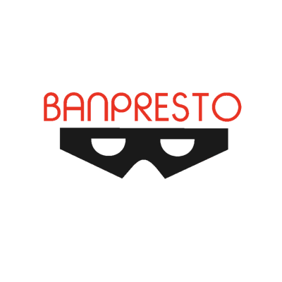 Logotipo da BANPRESTO em vermelho com ícone preto de máscara