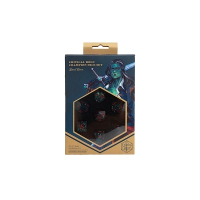 Caixa do conjunto de dados Critical Role Champion Dice Set com personagem ilustrado e dados poliedros visíveis