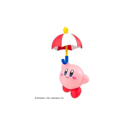 Boneco rosa a segurar guarda-chuva vermelho e branco