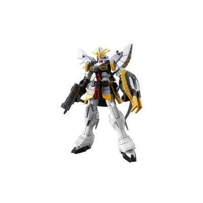 Figura robótica tipo Gundam em branco, preto, cinza e amarelo com arma e escudo