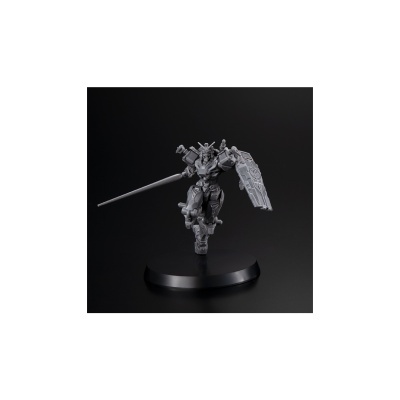 Figura de mecha cinzenta com espada e escudo em base preta