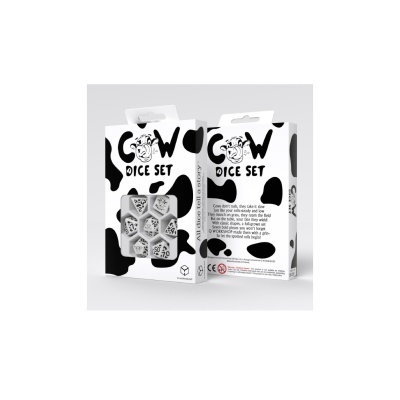 Conjunto de dados COW DICE SET com padrão de vaca em embalagem branca e preta