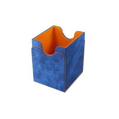 Suporte organizador em tecido azul com interior laranja e recortes ondulados