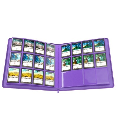 Álbum roxo com cartas colecionáveis coloridas organizadas em bolsas de plástico