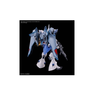 Figura robótica azul e branca segurando arma sobre fundo preto