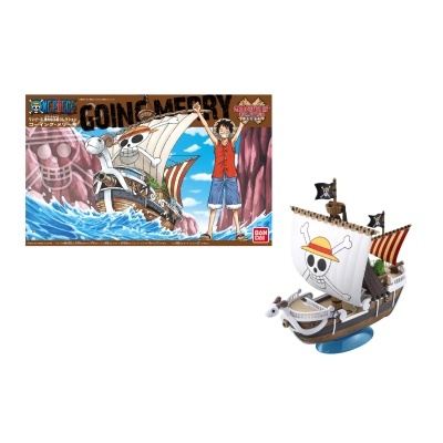 Maqueta do navio Going Merry da série One Piece em plástico com velas decoradas e caixa ilustrada