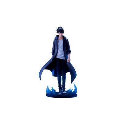 Figura colecionável de personagem masculino com casaco azul e base de chamas azuis