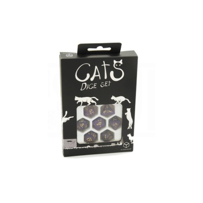 Conjunto de dados Cats Dice Set em embalagem preta com silhuetas de gatos.