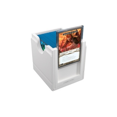 Suporte branco para cartas com cartas de jogo azul e carta destacada com texto.