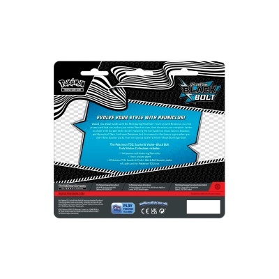 Embalagem de produto Pokémon TCG Black Bolt azul, preto e branco com texto em inglês