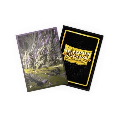 Duas cartas de jogo Dragon Shield com versos preto e amarelo e uma com ilustração de ruína e flores roxas