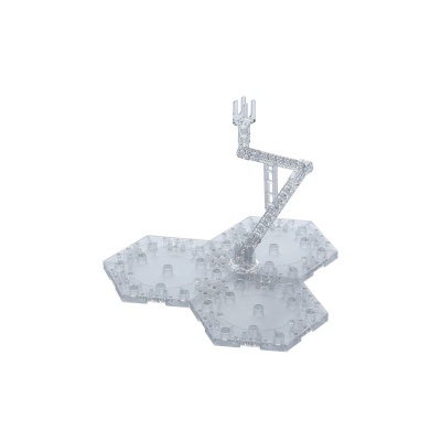 Suporte transparente em plástico com base hexagonal e estrutura articulada