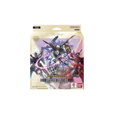 Pacote Ultimate Deck Destiny Ignition do Gundam Card Game com robôs Gundam coloridos
