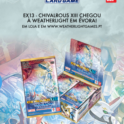 Cartas do Digimon Card Game EX-13 Chivalrous XIII com design azul e dourado e personagens robóticos em estilo anime