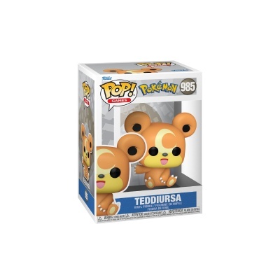 Figura Funko Pop Pokémon Teddursa 985 em caixa branca com detalhes azuis e amarelos