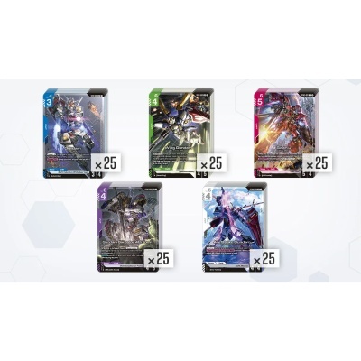 Pacotes de cartas colecionáveis com ilustrações de robôs Gundam e etiquetas x25.