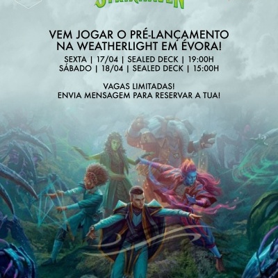 Cartaz promocional de pré-lançamento Secrets of Strixhaven de Magic: The Gathering em Évora