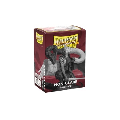 Caixa vermelha DRAGON SHIELD com figura de personagem e texto NON-GLARE BLOOD RED