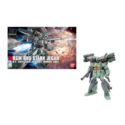 Figura de ação robô verde com armas e caixa com texto RGM-89S STARK JEGAN E.F.S.F. ANTI-SHIP ASSAULT MOBILE SUIT