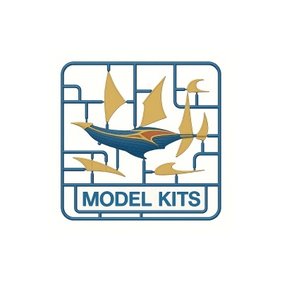 Kit de modelo de barco para montar com peças amarelas e azuis e texto 'MODEL KITS'