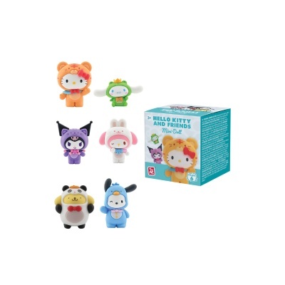 Seis mini bonecos de Hello Kitty com trajes de animais e caixa de embalagem azul