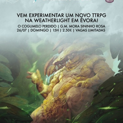 Imagem promocional de TTRPG com texto e criatura monstruosa numa floresta