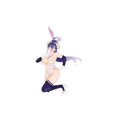 Figura de personagem feminina com fantasia de coelho, cabelo roxo, luvas e meias roxas, e roupa branca com detalhes dourados.