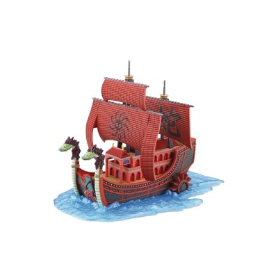 Barco de brinquedo vermelho com velas e cabeças de dragão na frente