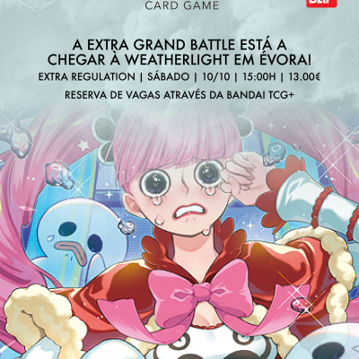 Anúncio do jogo de cartas One Piece com personagem anime rosa e texto em português.