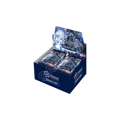 Caixa display azul com pacotes do jogo de cartas Gundam Card Game Stardust Trails