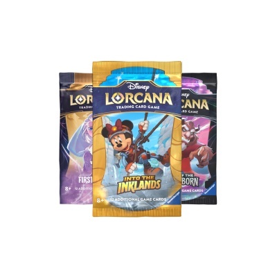 Pacotes de cartas Disney Lorcana com diferentes cores e textos.