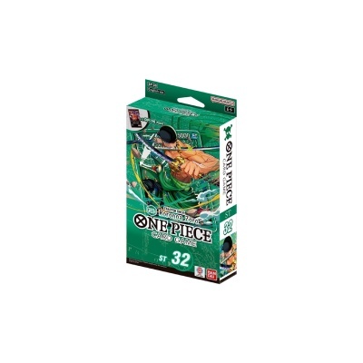 Caixa do jogo de cartas One Piece com personagem Roronoa Zoro em fundo verde.