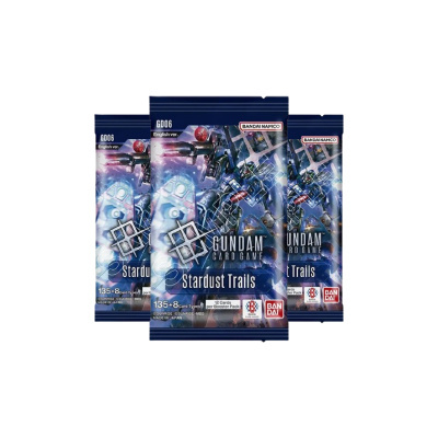 Pacotes de jogo de cartas Gundam Card Game com tema de robôs e textos em inglês, predominância azul