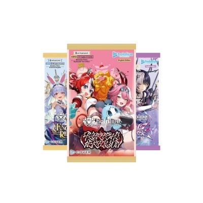 Pacotes de booster da Hololive Official Card Game com ilustrações de personagens anime