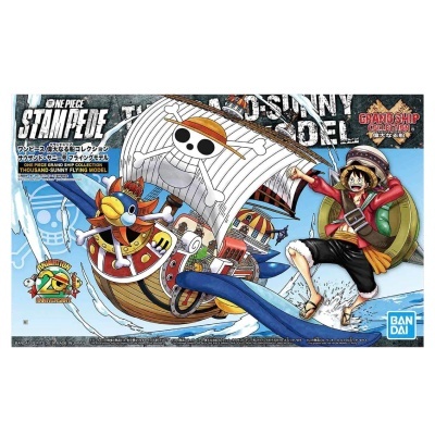 Caixa colorida do modelo de construção do navio Thousand Sunny do anime One Piece com ilustrações e textos em inglês e japonês