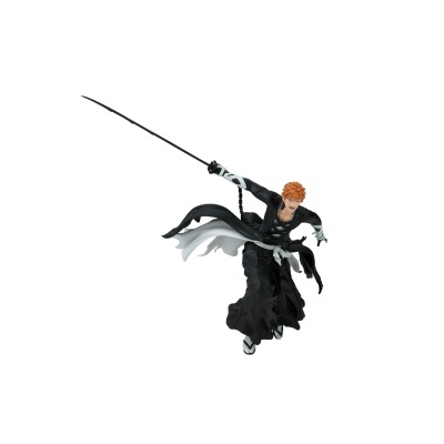 Figura de ação de personagem com espada e roupa preta e branca.
