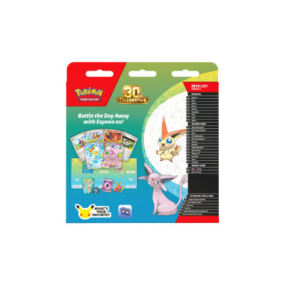 Embalagem Pokémon Trading Card Game 30th Celebration com cartas de Espeon ex e outros Pokémon e lista de cartas
