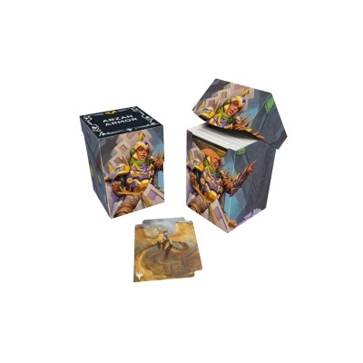 Conjunto de cartas com embalagem com personagem feminina de armadura dourada e roxa