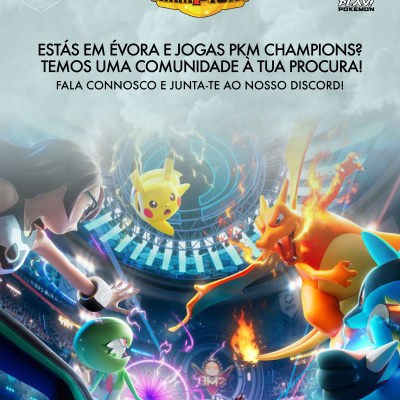 Personagens e Pokémon em ação num estádio com texto promocional em português.