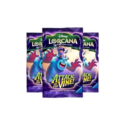 Pacotes do jogo de cartas colecionáveis Lorcana da Disney com ilustração colorida.