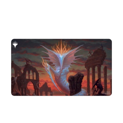 Tapete de jogo Magic: The Gathering com criatura azul luminosa em ruínas