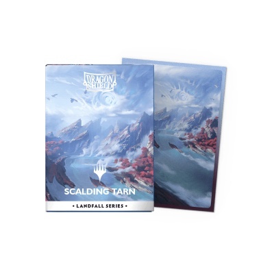 Conjunto de sleeves para cartas Dragon Shield Landfall Scalding Tarn com ilustração de paisagem natural em azul e vermelho
