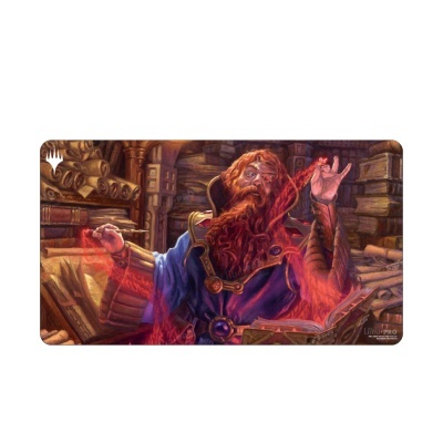 Tapete com estampa de mago com barba ruiva e capa azul em biblioteca antiga