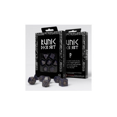 Caixa preta com conjunto de dados Runik Dice Set e dados azuis escuros com números dourados