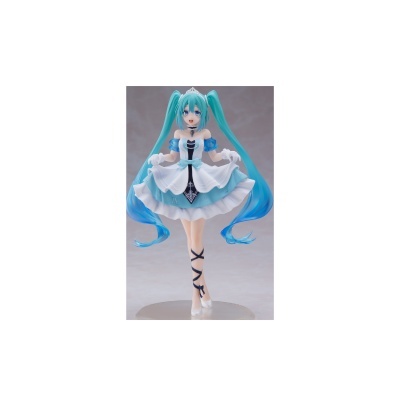 Figura colecionável de personagem anime com vestido branco e azul e cabelo azul