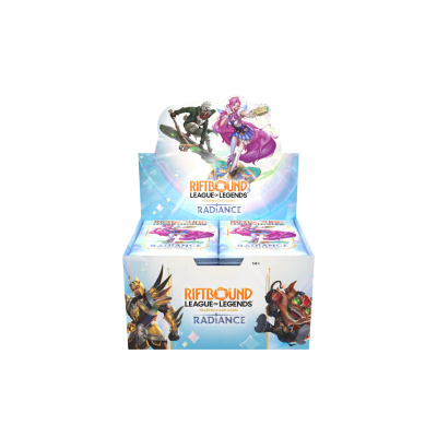 Embalagens de cartas de jogo League of Legends com personagens coloridos e fundo azul